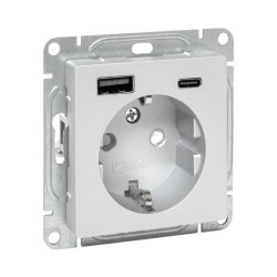 Механизм розетки с USB-A+С - 2шт, 16А, с заземлением, со шторками, алюм. Эпика EKF