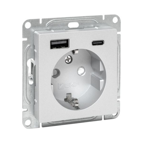 Механизм розетки с USB-A+С - 2шт, 16А, с заземлением, со шторками, алюм. Эпика EKF
