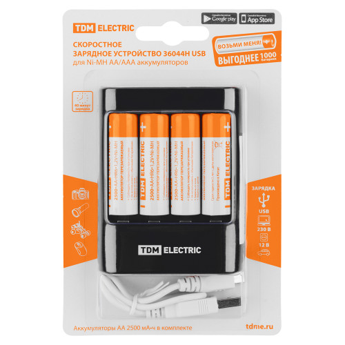 Зарядное устройство 36044Н (3600 mA 4 слота АА/ААА 4 кан.+4xAA2500 USB) TDM