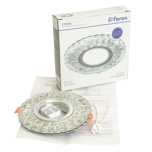 Светильник встраиваемый с белой LED подсветкой Feron CD938 потолочный MR16 G5.3 прозрачный Светильник встраиваемый с белой LED подсветкой Feron CD938 потолочный MR16 G5.3 прозрачный
