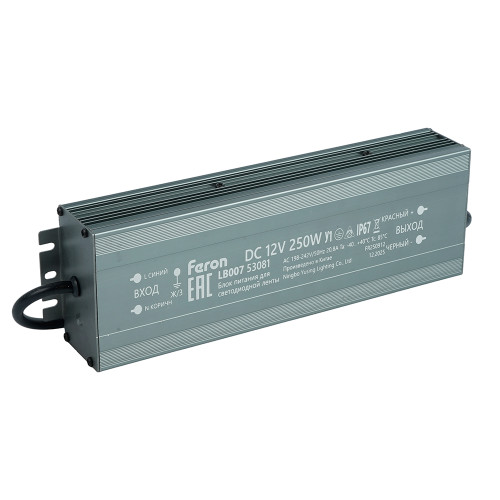 Трансформатор электронный для светодиодной ленты 250W 12V IP67 (драйвер), LB007 FERON Трансформатор электронный для светодиодной ленты 250W 12V IP67 (драйвер), LB007 FERON