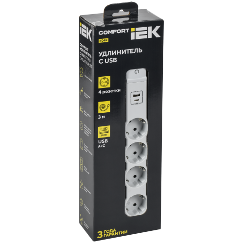 COMFORT Удлинитель У04К 4 места 2P+PE 3м 3х1,5мм2 16А USB A+C 20Вт белый IEK COMFORT Удлинитель У04К 4 места 2P+PE 3м 3х1,5мм2 16А USB A+C 20Вт белый IEK