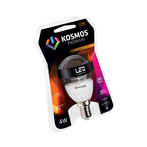 Лампа светодиодная KOSMOS premium 4Вт Шар прозрачный 45мм E27 230В 3000К Космос KLED4wGL45230vE2727C