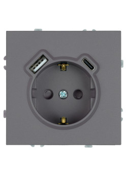 Розетка 1-местная з/ш с/з 16А + USB + Type C (механизм), Stekker, 250В, 20W, серия Эмили, платиново-серый, soft-touch, RST16-5119-10