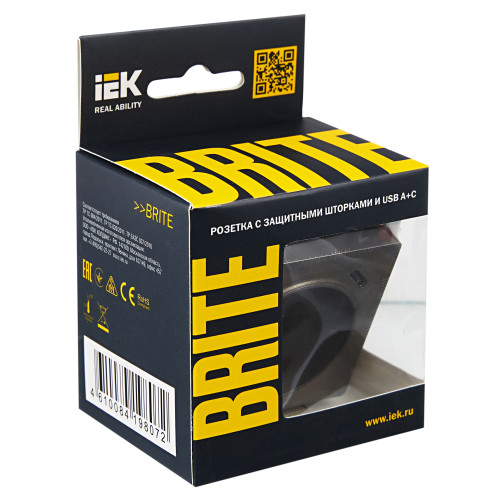 BRITE Розетка 1-местная с заземлением с защитными шторками 16А с USB A+C 18Вт РЮш11-1-БрТБ темная бронза IEK