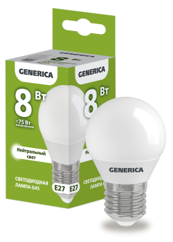 Лампа светодиодная G45 шар 8Вт 230В 4000К E27 GENERICA