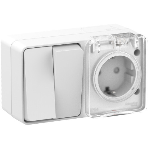 ATLASDESIGN PROFI IP54 О/У БЛОК: РОЗЕТКА с заземл. со шт., 16А, ВЫКЛЮЧАТЕЛЬ 2-клав., 10АХ, БЕЛЫЙ