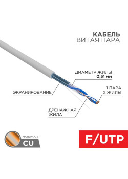 Кабель витая пара F/UTP 1х2х24AWG кат.5E solid CU PVC сер. (м) Rexant 01-0120