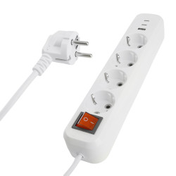 Удлинитель 4-местный с/з с выключ. STEKKER HM071-41-05 3x1мм2, 5м, 250В, 16А, 1USB+2C, 2.4A, сер Home, белый