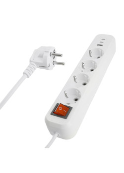 Удлинитель 4-местный с/з с выключ. STEKKER HM071-41-05 3x1мм2, 5м, 250В, 16А, 1USB+2C, 2.4A, сер Home, белый