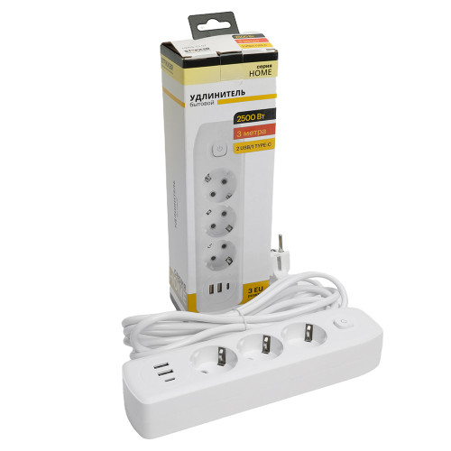 Удлинитель 3-местный c/з 3x1 мм2, 3 м, 250В, 10А, 2USB+1Type-C 2,4А, серия Home plus, белый STEKKER HM08-33-02 Удлинитель 3-местный c/з 3x1 мм2, 3 м, 250В, 10А, 2USB+1Type-C 2,4А, серия Home plus, белый STEKKER HM08-33-02