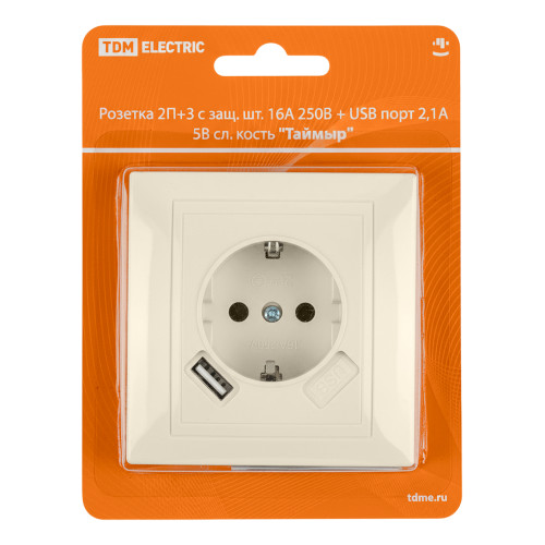 Розетка 2П+З с защ. шт. 16А 250В + USB порт 2,1А 5В сл. кость Розетка 2П+З с защ. шт. 16А 250В + USB порт 2,1А 5В сл. кость