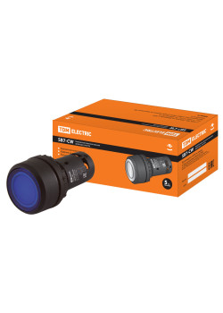Кнопка SB7-CW3661 с возвратом, 1НО, d22 мм, с подсветкой 220 В LED, синяя, IP54 TDM