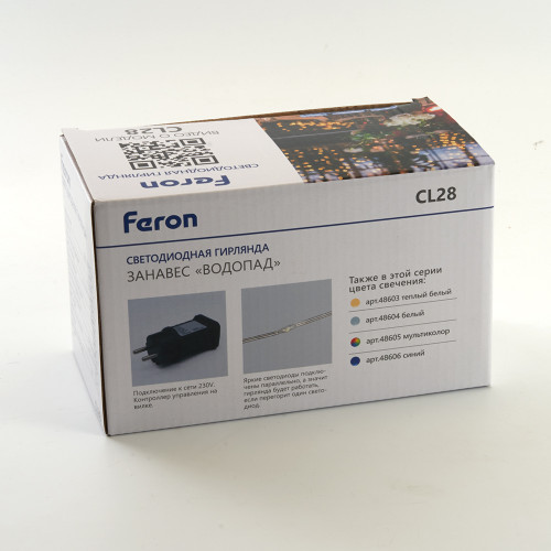 Светодиодная гирлянда Feron CL28 занавес Водопад 3*3м + 3м 230V синий с контроллером, c питанием от сети, белый шнур Светодиодная гирлянда Feron CL28 занавес Водопад 3*3м + 3м 230V синий с контроллером, c питанием от сети, белый шнур