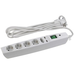 Удлинитель с сетевым фильтром 5х2м с заземл. 10А IP20 U-5es-2m-W 2хUSB ПВС 3х0.75 с выкл. защ. шторки бел. Эра C0043327