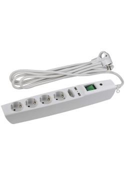 Удлинитель с сетевым фильтром 5х2м с заземл. 10А IP20 U-5es-2m-W 2хUSB ПВС 3х0.75 с выкл. защ. шторки бел. Эра C0043327