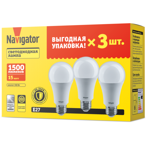 Лампа светодиодная 95 321 NLL-A60-15-230-4K-E27-PACK3 NAVIGATOR 95321 Лампа светодиодная 95 321 NLL-A60-15-230-4K-E27-PACK3 NAVIGATOR 95321