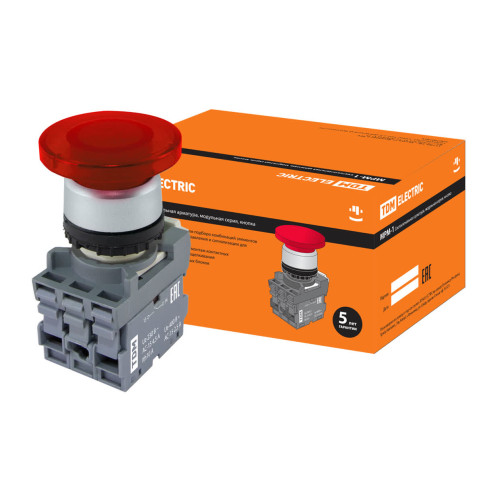 Кнопка грибовидная МРМ1-11R(LED) в сборе d40мм/24B 1з+1р красная TDM