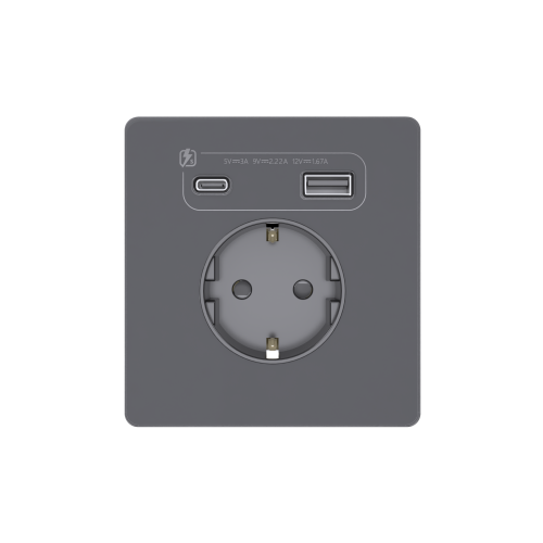 Systeme Infinity, Розетка С/У с ЗК и зар.устр.USB А+С 20Вт (250В, 16А, защ.шт.), Вулканический пепел