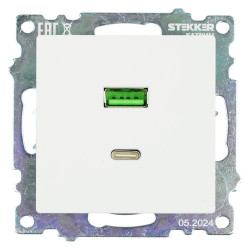 Розетка USB 2-местная + type C (механизм), STEKKER GLS10-7116-01, 250В, 3А, max 20W, серия Катрин, белый