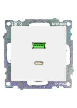 Розетка USB 2-местная + type C (механизм), STEKKER GLS10-7116-01, 250В, 3А, max 20W, серия Катрин, белый