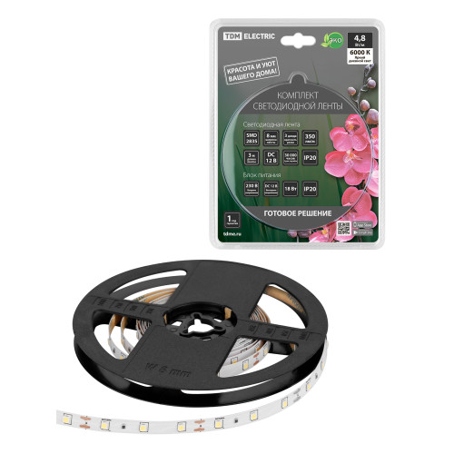 Комплект светодиодной ленты SMD2835-60 LED/м-12 В-4,8 Вт/м-IP20-6000 К (3 м), 18 Вт TDM