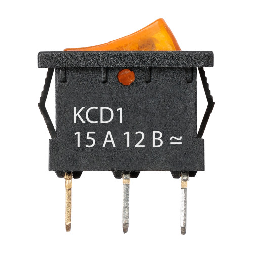 Выключатель клавишный KCD1-101N 12В AC/DC, 1P, 15А, (3с), ON-OFF, черный корпус, желтая клавиша с LED подсветкой, Mini TDM
