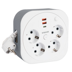 HM16-4-03-USB  Удлинитель 4-местный с/з, 3x1,5мм2, 3м, 230В, 16А, 2USB+1С, 2,4А,белый