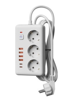 Удлинитель с сетевым фильтром 3х3м 10А 4USB + 2USBC 2500Вт ПВС 3х1 прямоуг. бел. КОСМОС FKsm3m-3gPF(W)USB