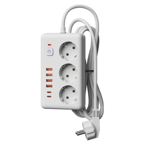 Удлинитель с сетевым фильтром 3х3м 10А 4USB + 2USBC 2500Вт ПВС 3х1 прямоуг. бел. КОСМОС FKsm3m-3gPF(W)USB