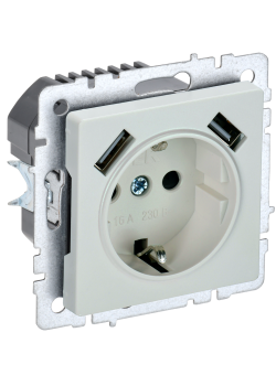 BRITE Розетка 1-местная с заземлением с защитными шторками 16А с USB A+A 5В 3,1А РЮш10-2-БрЖ жемчуг IEK