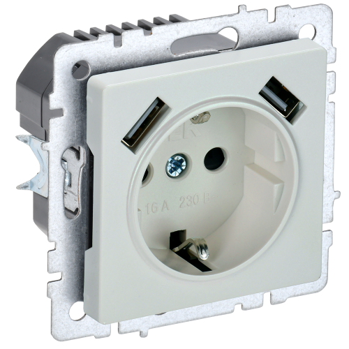 BRITE Розетка 1-местная с заземлением с защитными шторками 16А с USB A+A 5В 3,1А РЮш10-2-БрЖ жемчуг IEK