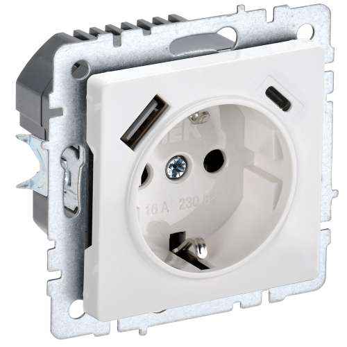 BRITE Розетка 1-местная с заземлением с защитными шторками 16А с USB A+C 18Вт РЮш11-1-БрБ белый IEK