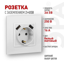Розетка ЭРА Elegance 14-4109-01М 2P+E 16A-250В штор. с 2xUSB 5В-3А матов. бел. Эра Б0065773