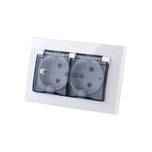 Розетка двойная 2П+З с защ. шт. и проз. крышкой 16А 250В IP44 (основание пластик) белая 