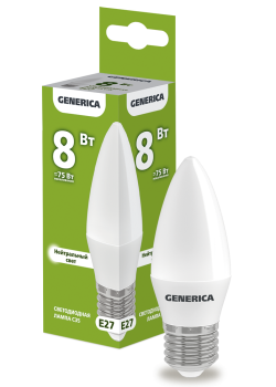 Лампа светодиодная C35 свеча 8Вт 230В 4000К E27 GENERICA