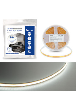 Лента светодиодная COB 720SMD(2110) 10Вт/м 24V 5000*8*1.8мм IP20 4000К, LS536 FERON СВОБОДНЫЙ РЕЗ