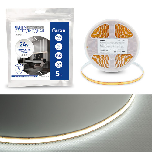 Лента светодиодная COB 720SMD(2110) 10Вт/м 24V 5000*8*1.8мм IP20 4000К, LS536 FERON СВОБОДНЫЙ РЕЗ