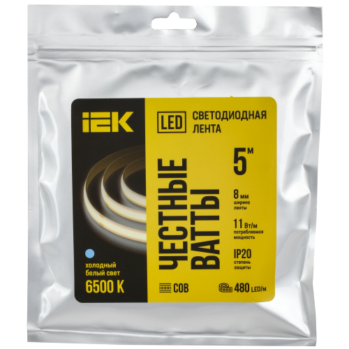 Лента светодиодная 5м COB 480LED/м 11Вт/м IP20 ширина 8мм 24В холодный белый IEK Лента светодиодная 5м COB 480LED/м 11Вт/м IP20 ширина 8мм 24В холодный белый IEK