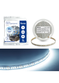 Светодиодная LED лента Feron LS502, 180SMD(2835)/м 16Вт/м 24V 5000*10*1.22мм 6000К IP20