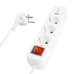 Удлинитель 3-местный с/з с выключ. STEKKER HM071-31-02 3x1мм2, 2м, 250В, 16А, 1USB+2C, 2.4A, сер Home, белый