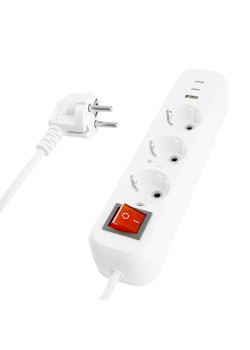 Удлинитель 3-местный с/з с выключ. STEKKER HM071-31-02 3x1мм2, 2м, 250В, 16А, 1USB+2C, 2.4A, сер Home, белый