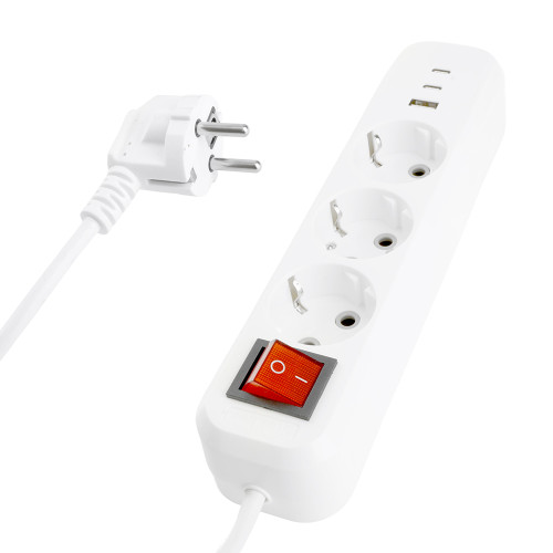 Удлинитель 3-местный с/з с выключ. STEKKER HM071-31-02 3x1мм2, 2м, 250В, 16А, 1USB+2C, 2.4A, сер Home, белый
