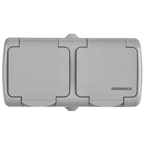 AQUATIC Розетка 2-местная с заземлением и крышкой для открытой установки 16А IP54 РСш22-2-А GENERICA
