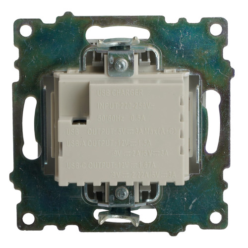 Розетка 2-местная USB + type C (механизм)), STEKKER GLS10-7116-03 , 250B, 3А, max 20W, серия Катрин, серебро