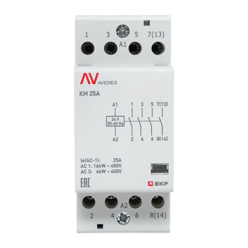 Контактор модульный КМ 25А 4NO 24В АС (2 мод.) AVERES EKF Контактор модульный КМ 25А 4NO 24В АС (2 мод.) AVERES EKF