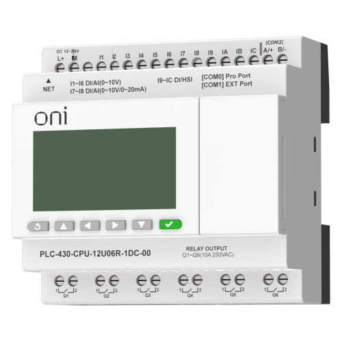 ПЛК 430 Модуль ЦПУ 4 DI 6 UI (0-10 В/DI) 2 UI (0-10 В/0-20 мА/DI) 6 RO 24В DC с Ethernet портом с экраном ONI ПЛК 430 Модуль ЦПУ 4 DI 6 UI (0-10 В/DI) 2 UI (0-10 В/0-20 мА/DI) 6 RO 24В DC с Ethernet портом с экраном ONI