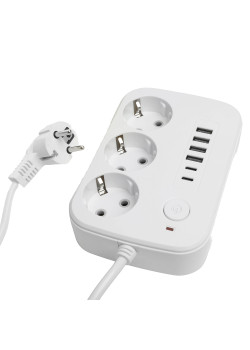 Удлинитель 3-местный c/з 3x1 мм2, 3 м, 250В, 10А, 4USB+2Type-C 2,4А, серия Home plus, белый STEKKER HM09-36-02