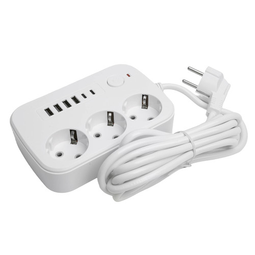 Удлинитель 3-местный c/з 3x1 мм2, 3 м, 250В, 10А, 4USB+2Type-C 2,4А, серия Home plus, белый STEKKER HM09-36-02 Удлинитель 3-местный c/з 3x1 мм2, 3 м, 250В, 10А, 4USB+2Type-C 2,4А, серия Home plus, белый STEKKER HM09-36-02