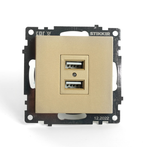 Розетка 2-местная USB (механизм), STEKKER, GLS10-7115-08, 250В, 2,1А, серия Катрин, золото